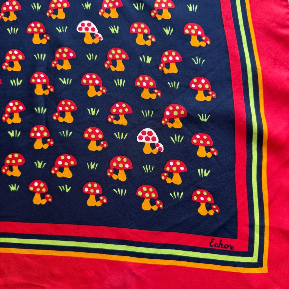 Vtg Echo Mushroom Silk Scarf Red Navy Cottagecore Fairy whimsy 70s retro Fungi - Picture 3 of 11